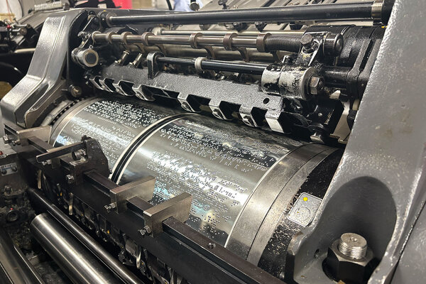 A machine at the National Braille Press runs in Boston, June 18, 2025